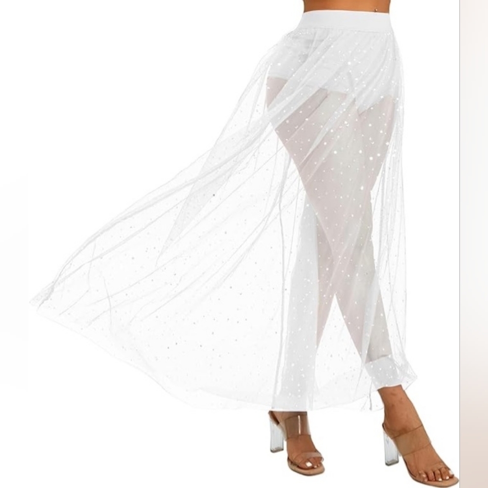 Women Sheer Skirt Festival Clubwear Mesh High Waist Print A Line Maxi Skirt
